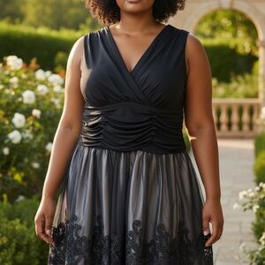 SLNY Black V-Neck Ruched Midi Dress with Embroidered Tulle